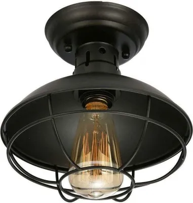 A vintage-style black metal ceiling lamp with a cage design and an Edison bulb.