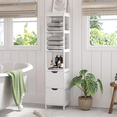 Produktbild von Hoher Badezimmerschrank mit 3 offenen Regalen und 2 Schubladen, 30x30x144 cm, Weiß