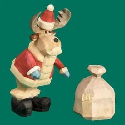 Produktbild von Holzfigur Elch Weihnachtsmann mit Geschenkesack geschnitzt Höhe 9cm