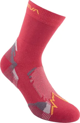 Rote Wandersocken von La Sportiva mit grauen und gelben Designelementen.