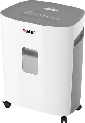 A white and gray Dahle paper shredder with black wheels is shown against a white background.