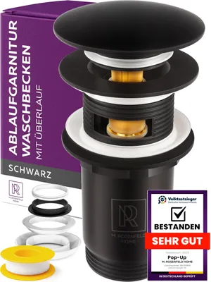 Produktbild von Ablaufgarnitur Waschbecken Schwarz mit Überlauf – Pop Up Ablaufventil für Waschtisch & Waschbecken – Schwarze Abflussgarnitur 1 1/4″ – Push Open Ventil M. ROSENFELD HOME