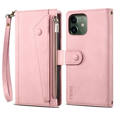 Obrázek produktu pro Ochranné pouzdro pro iPhone 12, kožené pouzdro na zip, skládací peněženka s přihrádkou na karty, stojánek a poutko Růžový