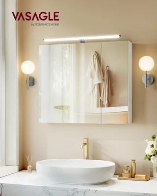 Produktbild von VASAGLE Spiegelschrank, Hängeschrank mit verstellbaren Ablagen, Beleuchtung, 3 Türen, modern, 15 x 70 x 60 cm, weiß