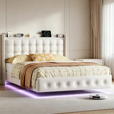 Image de INONEFT Lit suspendu 140x200 avec éclairage LED réglable, lit pour adolescents avec ports USB, lit double avec sommier à lattes, en velours, blanc