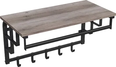 Produktbild von Hängegarderobe mit Regal, 5 Haken und Aufhängestange für Kleiderbügel, für Flur, Schlafzimmer, Bad und Wohnzimmer, grau schwarz