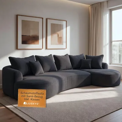 Produktbild von Juskys Sofa Tirano - modernes Samt Ecksofa, Dunkelgrau Couch mit Ottomane rechts
