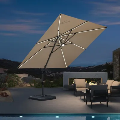Produktbild von PURPLE LEAF Sonnenschirm 300 x 300 cm, Aluminium Ampelschirm mit Solar LED Beleuchtung, Gartenschirm mit Kurbel, Beige