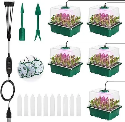 Imagen del producto de 5 mini invernaderos para plantas con lámpara de crecimiento y tapa, ideales para plántulas. Caja de cultivo para uso interior, con bandejas para germinación