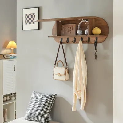 Produktbild von Wandgarderobe ‘Vilkön’ mit Ablagefach 6 Haken 80 x 16 x 30 cm Walnussoptik