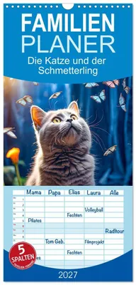 Produktbild von Familienplaner 2027 - Die Katze und der Schmetterling mit 5 Spalten (Wandkalender, 21 x 45 cm) CALVENDO