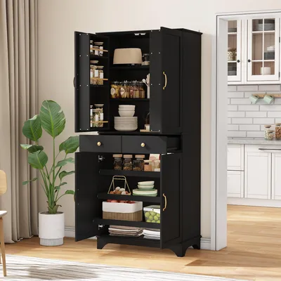 Immagine prodotto di Merax: mobile da cucina alto con 2 cassetti e 4 ante a vetri, mobile buffet versatile per sala da pranzo, soggiorno e cucina, nero