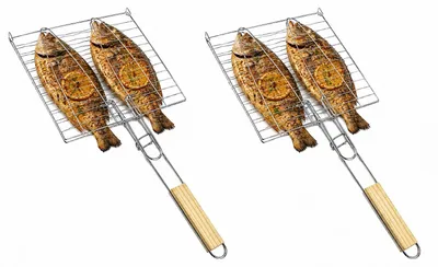 Obrázek produktu pro Sada 2 kusů košíků na ryby s dřevěnou rukojetí, 23,5 x 23,5 cm – košík na ryby, grilovací košík, držák na ryby pro pstruhy, lososy a krevety – grilovací kleště se svorkou pro BBQ, kempování a grilovací příslušenství