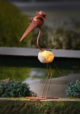 Produktbild von Solar LED Vogel "Professor" aus Metall in Rost Optik, Dekofigur mit Beleuchtung, Gartendekofigur, Gartendeko für Draußen wetterfest