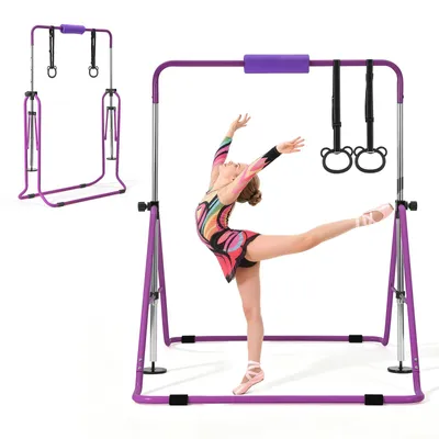 Produktbild von VEVOR Gymnastikstange für Kinder mit 63,5 kg Tragkraft, Klappbares Turnreck mit Turnringen, Höhenverstellbare Turnstange für Indoor- und Outdoor-Training, Heimtrainingsgerät für Kinderturnen, Lila