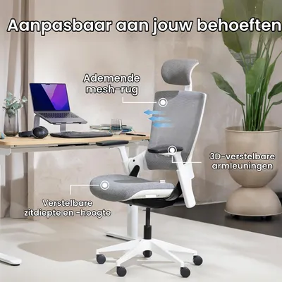 Image de Chaise de bureau ergonomique, gris et blanc - Structure en plastique - Taille standard - Dos ouvert