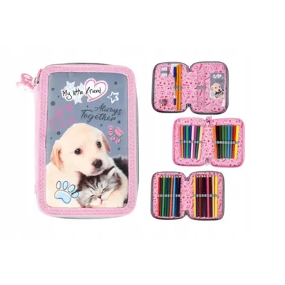 Produktbild von Federmäppchen 3 Fächer - Mäppchen für Mädchen - Federmappe 3-Fach Federtasche Gefüllte Schüleretui Schulmäppchen und Hausaufgabenheft - Hund