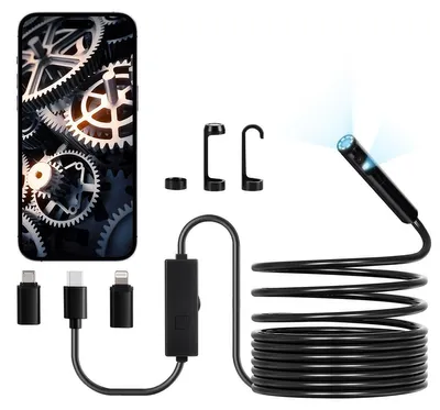 Produktbild von VEVOR Endoskopkamera mit Licht, Dual-Linsen-Boreskop für Android & IOS, 1920P HD Inspektionskamera mit 8 + 1 LED-Licht, 2X Zoom, 5m Schlangenkabel, IP67 wasserdichte Schlangenkamera für Auto, Sanitär, 5 m, Doppellinse