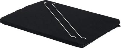 A black ironing board cover with two silver wire supports on top, set against a white background.