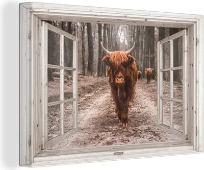 Produktbild von OneMillionCanvasses® - Leinwandbilder - 150x100 cm, Ansicht - Schottisches Hochlandrind - Fenster, - Geöffnetes Fenster - Fensterblick Hochland Rind - Tier Wanddekoration - Hochland Rind - Kuh - Gemälde auf Holzrahmen