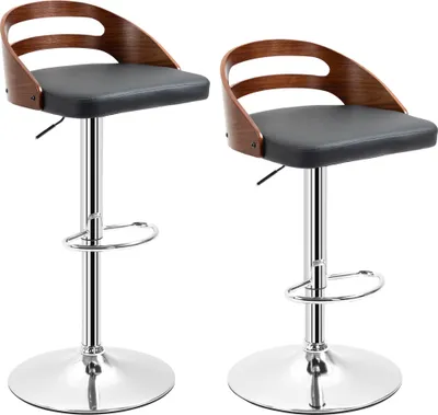 Image de HOMCOM Lot de 2 tabourets de Bar Design Contemporain Hauteur d'assise réglable pivotant 360° revêtement synthétique Noir Dossier ajouré Aspect Bois