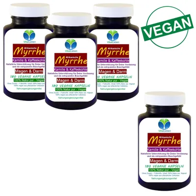 Produktbild von Myrrhe Kamille Kaffeekohle Vegan 720 (4x180) Pulver Kapseln pflanzlich nach Ayurveda & Hildegard von Bingen Natur pur ohne Zusatzstoffe