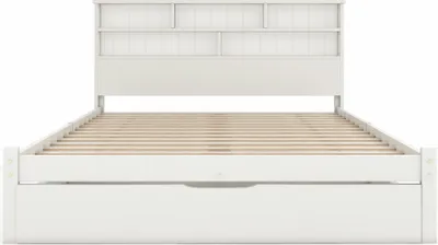 Produktbild von Massivholzbett 140x200cm Doppelbett (Ohne Matratze) Kinderbett Jugendbett Weiß Kiefer Erwachsenenbett Mit Schubladen und Lattenrost Bücherregal