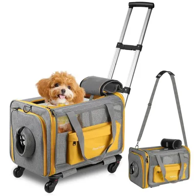 Image de Cage de transport pour animaux de compagnie, sur roulettes, pliable, jusqu'à 9 kg, dimensions 45x33x33 cm, couleur gris/jaune