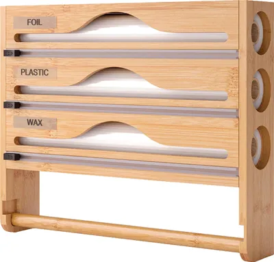 Obrázek produktu pro Relaxdays nástěnný držák na role 4 v 1, kuchyňská role, potravinová fólie, alobal, papír na sendviče, bambus, rozměry: 30 x 35,5 x 7 cm, přírodní