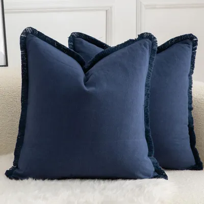 Image de Housses de coussin, lot de 2, en coton, avec franges, 55x55 cm, bleu marine, style bohème, coussins de décoration