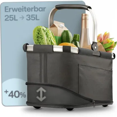 Produktbild von Praknu Einkaufskorb Faltbar Groß – 2 in 1 Erweiterbar 25L auf 35L – Abnehmbarer & Waschbarer Bezug – Stabil mit Alurahmen & Verstärktem Boden – Schwar