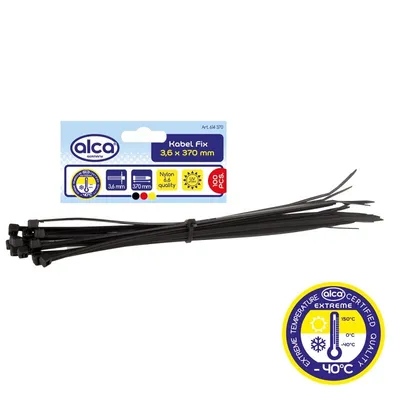 Zdjęcie produktu dla opaski kablowe alca® 3,6*370mm 100 szt. czarne 18 kg wytrzymałość na rozciąganie odporne na promieniowanie UV do mocowania kabli wewnątrz i na zewnątrz nylon odporny na temperaturę