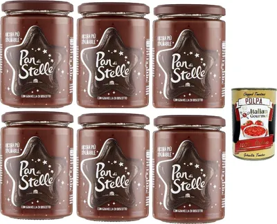 Produktbild von 6x Pan di Stelle Crema Spalmabile Haselnuss Streichfähige Creme Sahne mit Kekskörnern 380g ohne Palmöl + Italian Gourmet polpa 400g