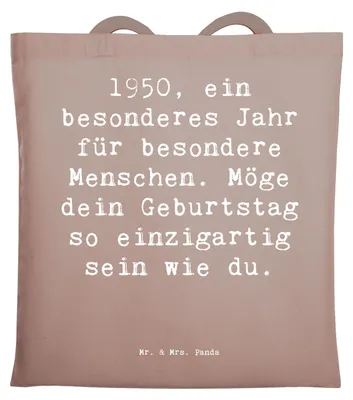 Produktbild von Mr. & Mrs. Panda Shopping Tasche Spruch 1950 Geburtstag - Braun Pastell - Geschenk, einzigartig, Laptoptasche, Alter, totebag, Jutebeutel, Tote Bag, Geburtstagsgeschenk