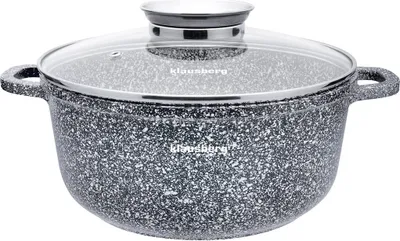 A speckled gray pot with a glass lid and silver handles, shown from a front-side angle against a white background.