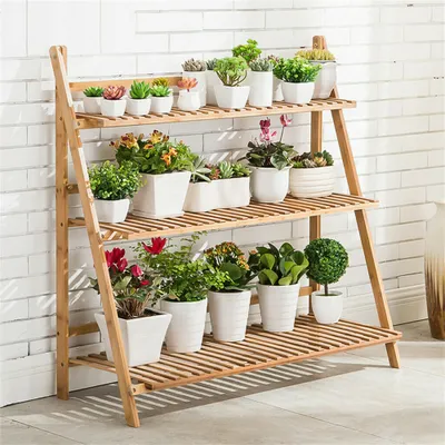Produktbild von WISFOR Blumentreppe mit 3 Stufen, Blumenleiter aus Bambus,Blumenregal klappbar 100 x 38 x 97 cm