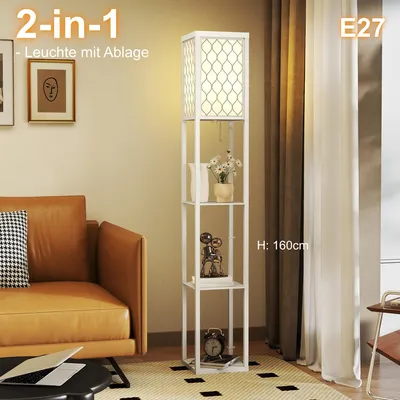 Produktbild von Stehlampe mit Regal Weiß - Modernes Standleuchte mit 3 Ablagen, E27, Stoffschirm & Zugschalter.