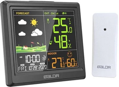 Zdjęcie produktu dla Bezprzewodowa stacja pogodowa z termometrem, higrometrem, barometrem, czujnikiem LED, cyfrowym zegarem, alarmem i funkcją drzemki – do użytku wewnątrz i na zewnątrz