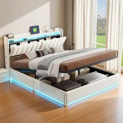 Zdjęcie produktu dla Łóżko tapicerowane INONEFT 140x200, nowoczesne łóżko młodzieżowe z podświetleniem LED i portami USB, łóżko z hydraulicznym podnoszeniem i pojemnikiem na pościel, obite welurem w kolorze beżowym, bez materaca