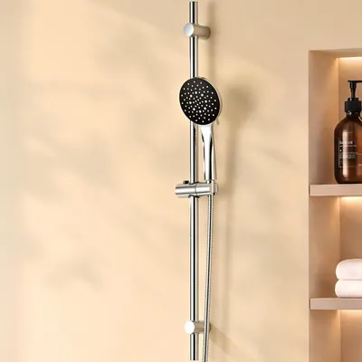 Image de Ensemble de barre de douche de 90 cm en acier inoxydable, pommeau de douche à 6 fonctions, réglable, de couleur noire