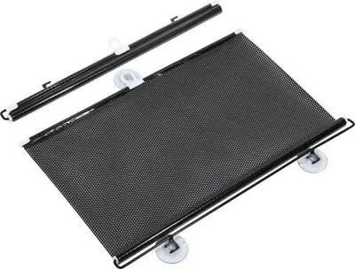 Schwarze ausziehbare Mesh-Auto-Fensterschutzblende mit Saugnäpfen, ausgefahren und aufgerollt