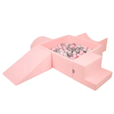 Obrázok produktu pre KiddyMoon Mäkké penové ihrisko pre deti s Štvorec loptičkovým ihriskom (300 ∅ 7 cm) s mäkkými prekážkami a loptičkovým bazénom,  vyrobené v EÚ, Ružová: Perla/Grey/Transparentné/Púdrovo ru