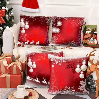 Obrázek produktu pro Sada čtyř povlaků na polštáře, červené vánoční sněhové vločky s leskem, rozměr 55x55 cm, měkký plyš