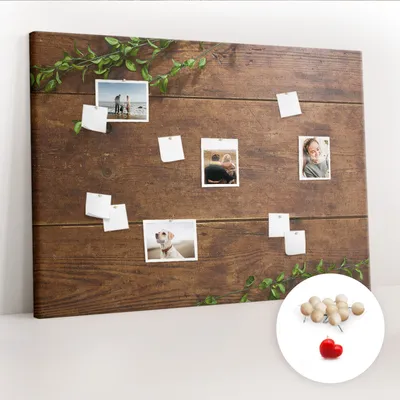 Imagen del producto de Tablero de corcho con chinchetas – Tablero con chinchetas para fotografías y notas – 140x100 cm – 100 chinchetas de madera – Estilo rústico