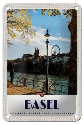 Produktbild von Blechschild Reise 12x18cm Basel Schweiz Fluss Riesenrad Natur Schild