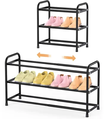 Image de Étagère à chaussures, 3 niveaux réglables, de 42 à 77 cm, pour 6 à 12 paires de chaussures, en métal, de couleur noire