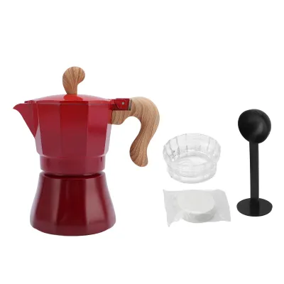 Image de Machine à café italienne, capacité de 150 ml, verseuse à café avec valve unique et distributeur de café, cuillère, filtres en papier, pour 3 tasses, dégradé de couleurs rouge
