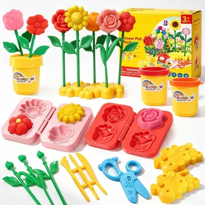 Obrázek produktu pro Sada pro děti "Knete Set" – kreativní sada pro výrobu květin z modelovací hmoty, obsahuje květináče a formičky, vhodná pro děti od 3 let