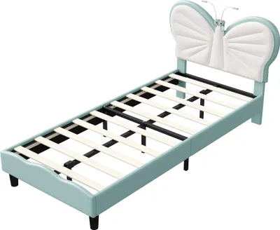 Immagine prodotto di Letto per bambini Moonbite a forma di farfalla, 90x200 cm, blu, con luci LED integrate, testiera in velluto regolabile in altezza, letto per bambine