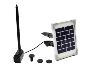 A solar-powered water pump kit with a solar panel, pump unit, and accessories, displayed on a white background.